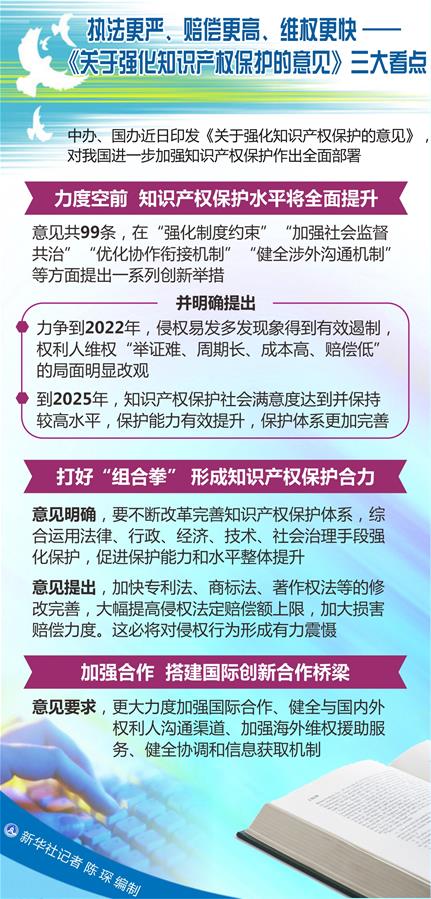 （圖表）[新華調(diào)查]執(zhí)法更嚴(yán)、賠償更高、維權(quán)更快——《關(guān)于強(qiáng)化知識(shí)產(chǎn)權(quán)保護(hù)的意見》三大看點(diǎn)